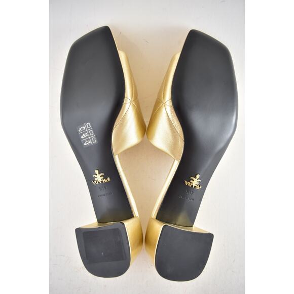 Prada Quilted Leather Diagram Gold Platino Logo Slide Sandal Block Heel 41.5 - Picture 15 of 15